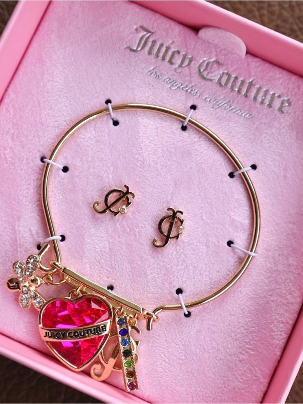 Juicy Couture, Paperclip Bangle Bracelet & Earrings Set, Gold with Jewel Charms